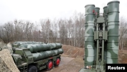 FILE - Russian S-400 surface-to-air missile systems aree shown after their deployment at a military base outside the town of Gvardeysk, near Kaliningrad, Russia, March 11, 2019. 