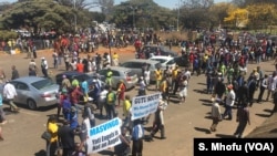 Members of ZANU-PF party march in Harare chanting songs to show support for first lady Grace Mugabe. They hold placards saying “Gabriella Engels is not an angel.”