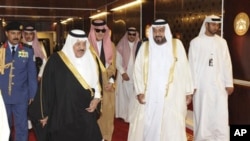 UAE President Sheikh Khalifa bin Zayed Al Nahyan, 2nd right, walks with Saudi Arabia's Prince Nayef bin Abdul Aziz, 3rd left, and Saudi Foreign Minister Prince Saud Al Faisal, 4th left, during the 31st Gulf Cooperation Council, GCC, summit in Abu Dhabi, U