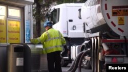 A fuel tanker is seen at a petrol and diesel filling station, Begelly, Pembrokeshire, Wales, Britain, Sept. 28, 2021. 