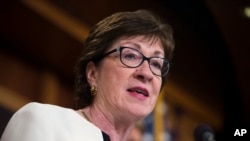 Sen. Susan Collins dari Maine dalam sebuah konferensi pers (21/6). Capitol Hill, Washington, D.C. (foto: AP Photo/Evan Vucci)