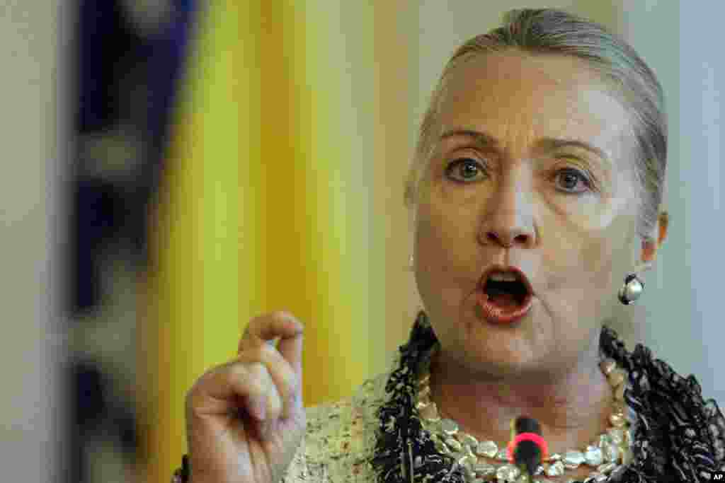 U.S. Secretary of State Hillary Clinton gestures as she addresses journalists after meeting with the High Representative for EU Foreign Policy Catherine Ashton, Sarajevo, Bosnia, Tuesday, October 30, 2012.