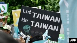 一名示威者在身份公投前的集會上舉著支持台灣的標語牌（台北，2018年10月20日）