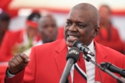 FILE - Botswana's President Mokgweetsi Masisi delivers a speech in Kang, Botswana, April 5, 2019.