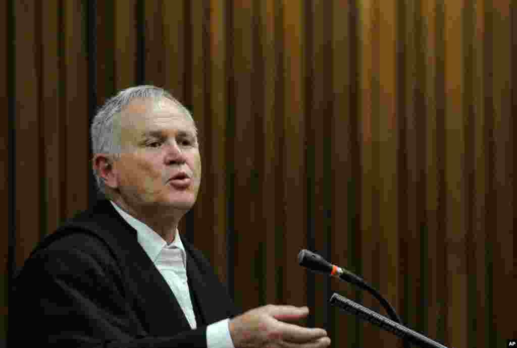 Barry Roux, defense lawyer for Oscar Pistorius, speaks in court, in Pretoria, South Africa, Oct. 13, 2014. 