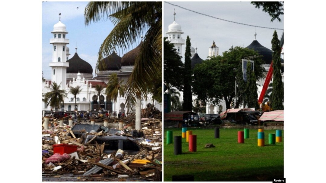 Gambar gabungan menunjukkan kerusakan di depan masjid Baiturrahman yang disebabkan oleh tsunami, 27 Desember 2004 (kiri), dan taman di depan masjid yang sama, 22 Desember 2024 (kanan), di Banda Aceh. (Beawiharta/Willy Kurniawan/REUTERS)