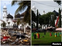 Kombinasi foto kerusakan di depan Masjid Raya Baiturrahman yang disebabkan oleh tsunami, 27 Desember 2004 (kiri), dan taman di depan masjid yang sama 20 tahun kemudian, 22 Desember 2024 (kanan), di Banda Aceh.