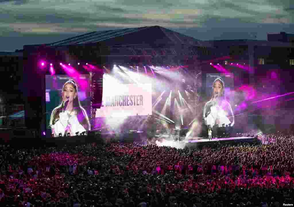 Ariana Grande performs during the One Love Manchester benefit concert for the victims of the Manchester Arena terror attack at Emirates Old Trafford, Greater Manchester, Britain, June 4, 2017.