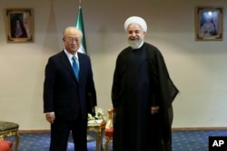 Iran's President Hassan Rouhani, right, welcomes the International Atomic Energy Agency's director-general, Yukiya Amano, as they pose for photos at the start of their meeting in Tehran, Iran, July 2, 2015.