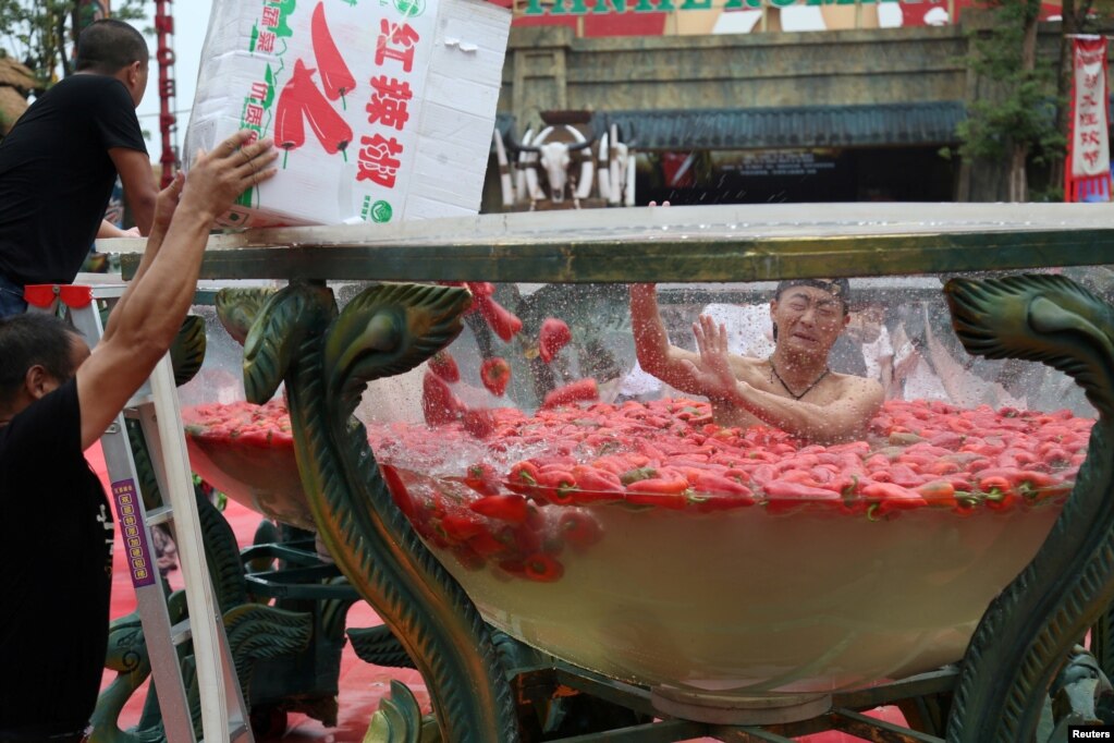 2017年8月12日，中国湖南省宁乡风景区，一名男子坐在装满红辣椒的水桶中，参加吃辣椒比赛。