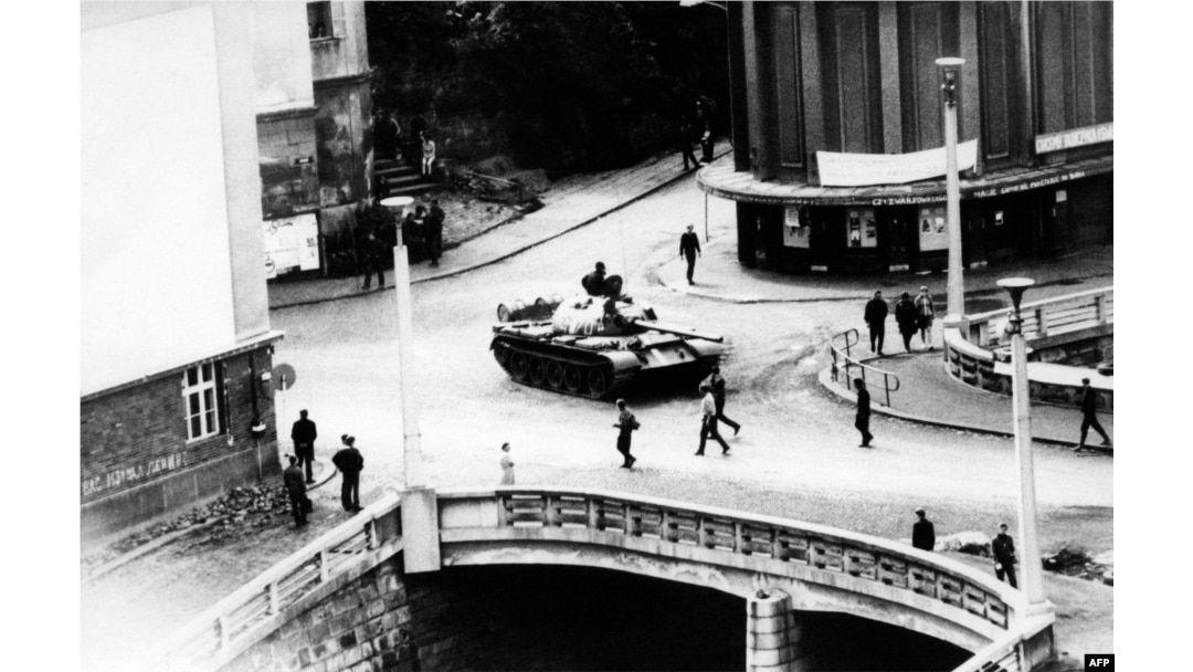 FILE - A photo taken in August 1968 in Trutnov shows a tank as Soviet-led Warsaw Pact troops and tanks invade Czechoslovakia to crush the so-called Prague Spring reform and re-establish a totalitarian regime.