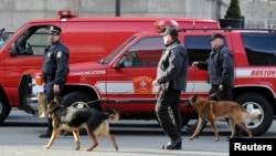 Nhân viên cảnh sát và chó nghiệp vụ trên đường phố Boston sau vụ nổ bom ngày 15/4/2013.