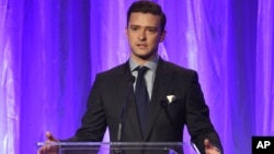 Justin Timberlake speaks at the Hollywood Foreign Press Association Grants Banquet at the Beverly Wilshire hotel on Aug. 4, 2016, in Beverly Hills, Calif. 