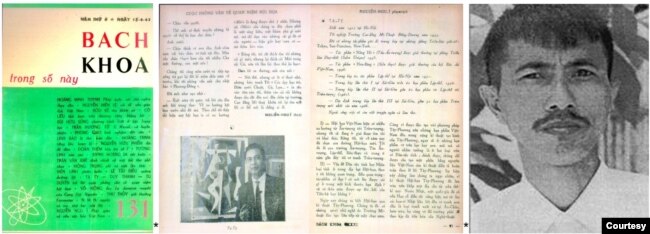 Nguiễn Ngu Í phỏng vấn Tạ Tỵ trên báo Bách Khoa số 131, ngày 15-6-1962, từ trái, bìa và hai trang báo Bách Khoa số 131; phải, chân dung nhà văn nhà báo Nguiễn Ngu Í, người thực hiện đợt phỏng vấn về Quan Niệm Hội Hoạ của khoảng 40 hoạ sĩ Việt Nam.