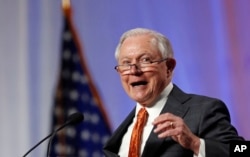 FILE - U.S. Attorney General Jeff Sessions speaks at the National Sheriffs' Association convention in New Orleans, June 18, 2018.