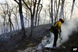 A firefighter mops up the area scorched by a wildfire, Oct. 14, 2017, in Santa Rosa, California.