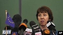 European Union foreign policy chief Catherine Ashton speaks during a news conference during her visit to Benghazi, May 22, 2011