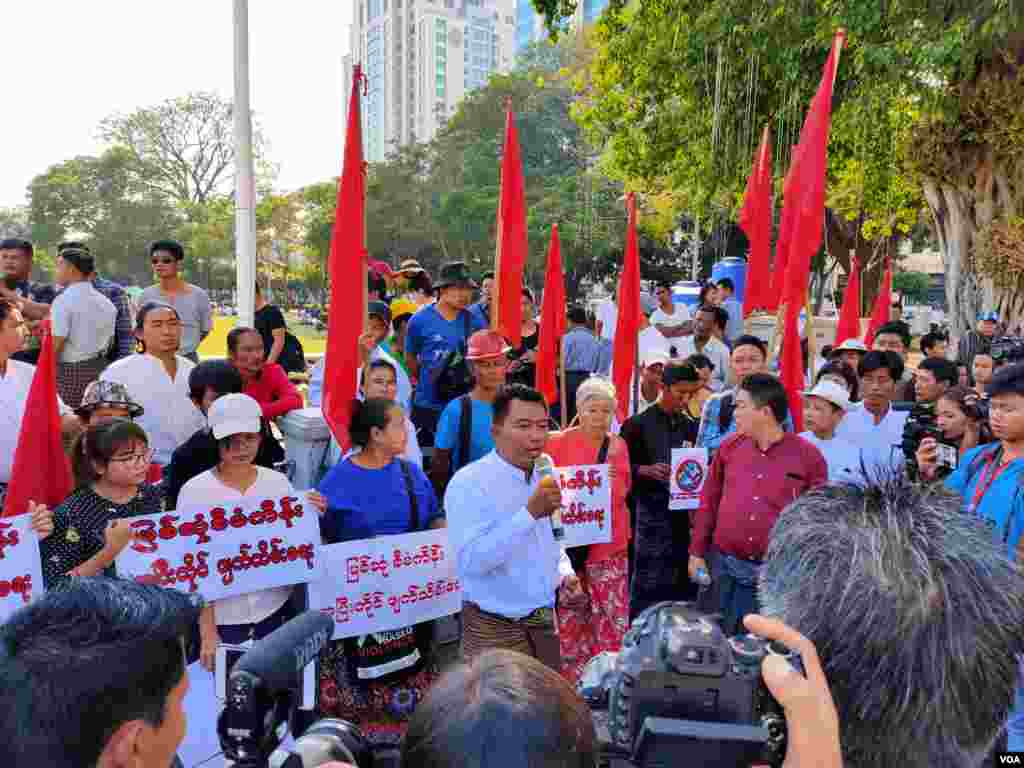 Activists stage a protest near City Hall in Myanmar's commercial city Yangon, calling for transparency in business ties with China on Saturday January 18, 2020