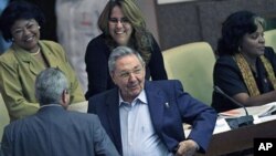 Cuba's President Raul Castro (C) smiles as he talks to parliament members during a parliamentary meeting when it was announced Cuba's supreme governing body has granted a pardon to 2,900 prisoners, in Havana, Cuba, Dec. 23, 2011.