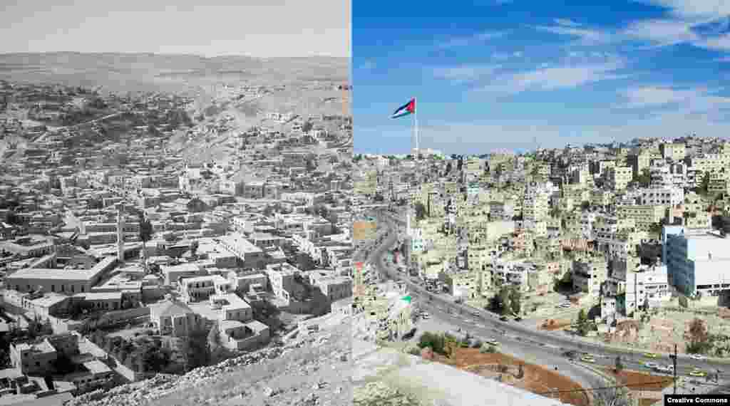 Panorama: Amman, Jordan (L) Photo taken from South Hill, Sept. 11, 1940. Matson Photo Service. Library of Congress (R) A view of Amman, Jordan from Jabal al-Qal'a citadel, 27 December. 2005. CC/David Bjorgen.