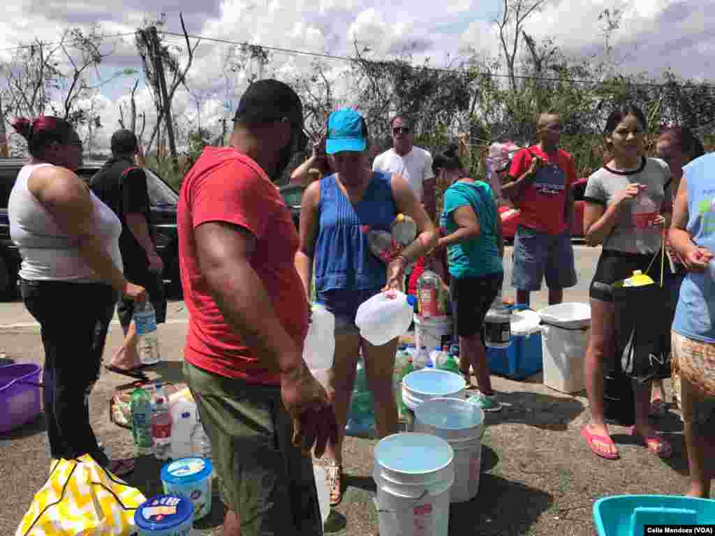 Residentes en Manatí, Puerto Rico, recogen agua de lluvia para aliviar la ausencia de agua potable y electricidad tras el paso del huracán María. (VOA/Celia Mendoza) &nbsp;