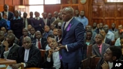 Miguna Miguna, one of the lawyers for opposition politician, speaks to the judge at the High Court in downtown Nairobi, Kenya, Feb. 7, 2017.