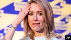 Kaja Kallas, leader of the Reform Party party gestures at her party headquarters after parliamentary elections in Tallinn, Estonia, early March 4, 2019.