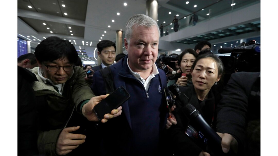 FILE - U.S. Special Representative for North Korea Stephen Biegun, center, is questioned by reporters upon his arrival at Incheon International Airport in Incheon, South Korea, Feb. 3, 2019.