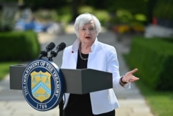 FILE - US Treasury Secretary Janet Yellen speaks during a news conference, after attending the G-7 finance ministers meeting, at Winfield House in London, Britain, June 5, 2021. (Justin Tallis/Pool via Reuters)