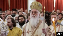 FILE - Archbishop of Tirana and all Albania Anastasios takes part in a church service at The Resurrection of Christ Orthodox Cathedral in Tirana, Albania, April 29, 2018. Archbishop Anastasios is in a critical condition, the Evangelismos hospital said on Jan. 5, 2025.