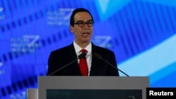 U.S. Secretary of the Treasury Steven Mnuchin speaks during the Future Investment Initiative conference in Riyadh, Saudi Arabia, Oct. 25, 2017.