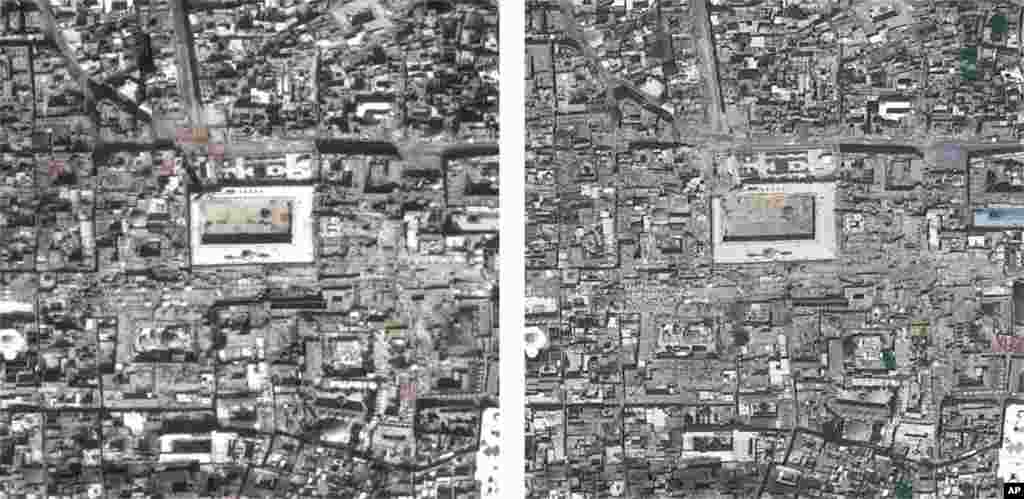 Composite satellite photo made available by Amnesty International on August 7, 2013: The Great Mosque in Aleppo, Syria (a UNESCO world heritage site), on March 1, 2013, left, compared to May 26, 2013, right. 