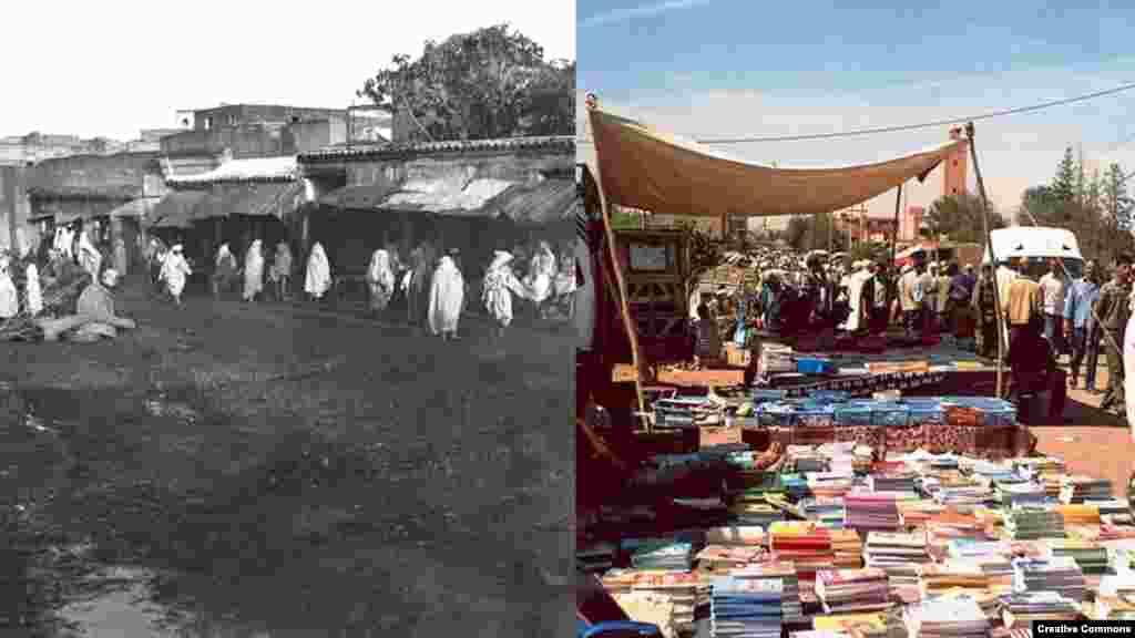 Moroccan souqs (L) 1910, Arnold Genthe, photographer. Library of Congress. (R) Book Souq, Essaouira, Morocco, September 2007. Creative Commons/ Polylerus.