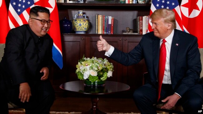 美国总统川普2018年6月12号会晤朝鲜领导人金正恩（美联社）