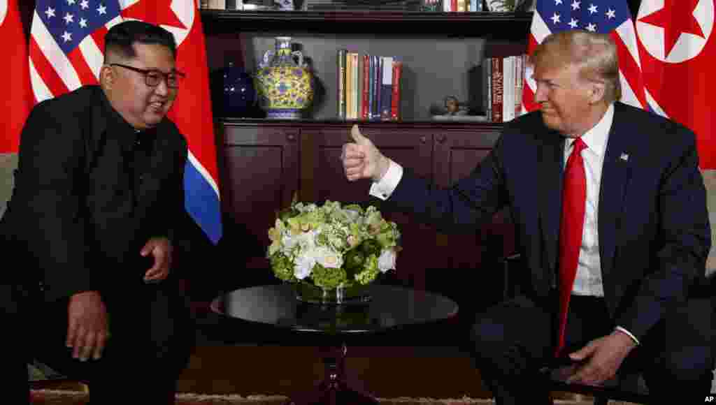 U.S.President Donald Trump meets with North Korean leader Kim Jong Un on Sentosa Island, June 12, 2018, in Singapore.