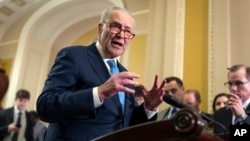 FILE - Senate Minority Leader Chuck Schumer speaks to reporters at the Capitol in Washington, Feb. 19, 2025.