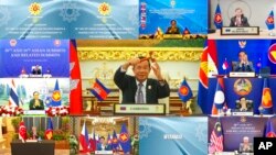 FILE - Southeast Asian leaders are seen during the online closing ceremony of the 2021 Association of Southeast Asian Nations summit, on a video conference in Brunei's capital Bandar Seri Begawan, Oct. 27, 2021, in this photo released by Brunei ASEAN Summit. 