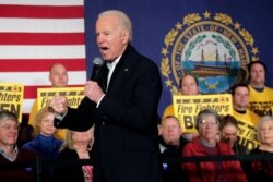 Democratic presidential candidate Joe Biden speaks at a campaign event in Somersworth, New Hampshire, Feb. 5, 2020.