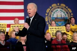 Democratic presidential candidate Joe Biden speaks at a campaign event in Somersworth, New Hampshire, Feb. 5, 2020.