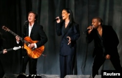 From left, Paul McCartney, Rihanna and Kanye West perform "FourFiveSeconds" at the 57th annual Grammy Awards in Los Angeles, California, Feb. 8, 2015.