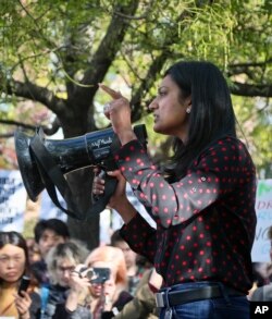 Tanuja Gupta, programming director at Google, addresses hundreds of Google employees during a protest rally on Nov. 1, 2018, in New York.