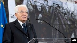 FILE - Italian President Sergio Mattarella delivers his speech in Rome January 26, 2024. He commemorated Holocaust Remembrance Day, which has been overshadowed by Israel’s military campaign in Gaza and a rise in anti-Israel acts in Italy.