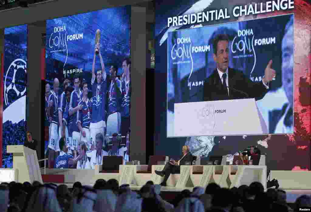 Former French President Nicolas Sarkozy speaks at the official opening ceremony of the Doha GOALS (Gathering of all Leaders in Sport) forum in Doha December 11.