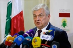 FILE - Russia's special presidential envoy to Syria Alexander Lavrentiev, speaks during a press conference after meeting with Lebanese Foreign Minister Gebran Bassil, at the Lebanese Foreign Ministry in Beirut, Lebanon, June 19, 2019.