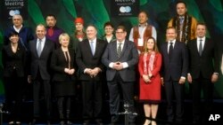 U.S. Secretary of State Mike Pompeo, center-left, and foreign ministers of the eight-member Arctic Council pose for a group photo during a ministerial meeting at Lappi Arena, in Rovaniemi, Finland, May 7, 2019.