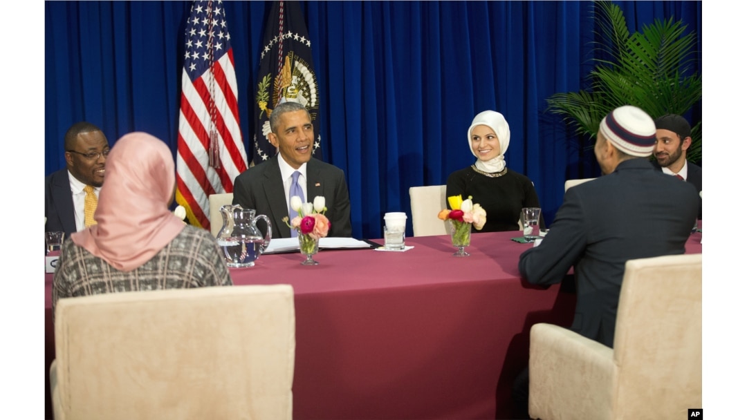 FILE - President Barack Obama meets with members of Muslim-American community at the Islamic Society of Baltimore, Feb. 3, 2016.