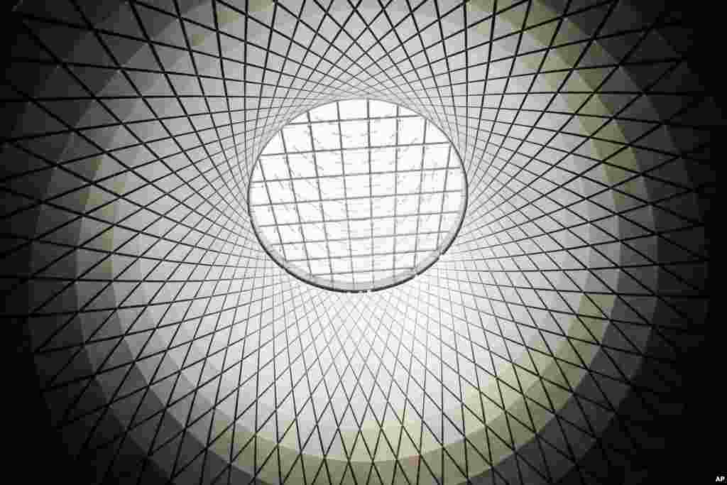 Light shines through the skylight above the pavilion entrance of the Fulton Center transit hub on the day of its official opening in New York City Sunday.