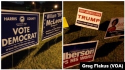 Voting has ended in Houston, Texas, but lots of campaign signs remain around voting locations, such as these near a northwest Houston precinct, Nov. 8, 2016.