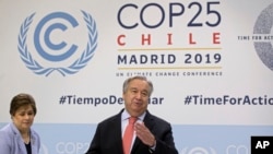 U.N. Secretary-General Antonio Guterres arrives for a news conference at the COP25 summit in Madrid, Spain, Dec. 1, 2019. 