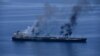 (FILE) Flames and smoke rise from the Greek-flagged oil tanker Sounion, which has been on fire since August 23, on the Red Sea, August 25, 2024.